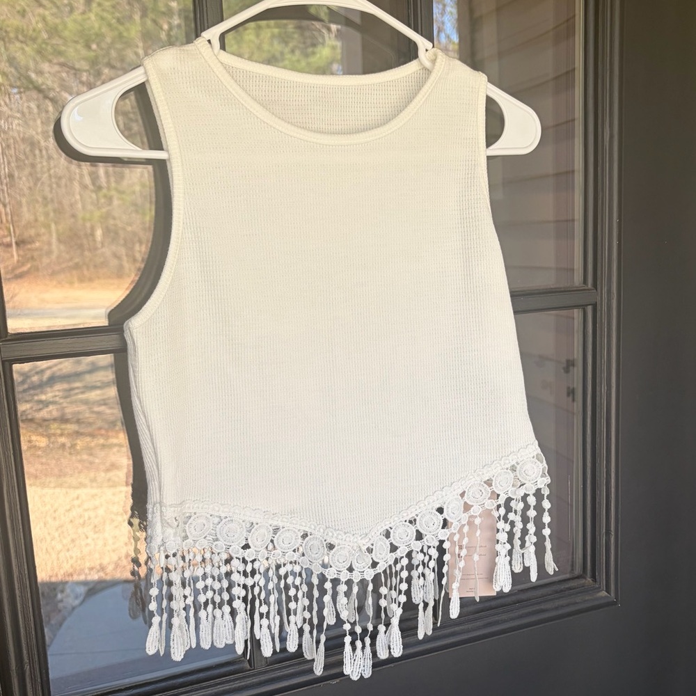 Cream Cropped Tank Top with Lace Fringe